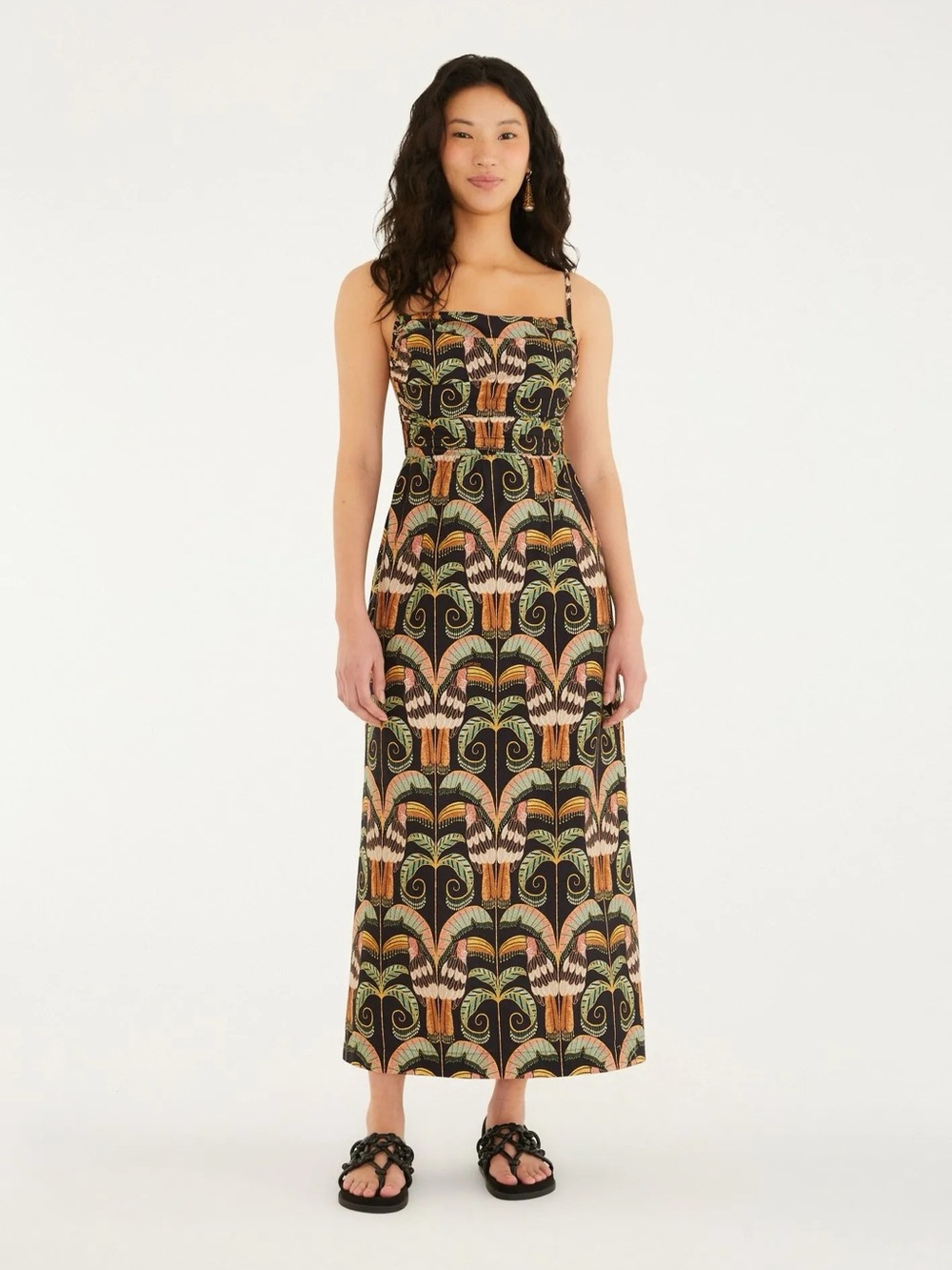 FARM Rio Black Maxi Dress with Green, Pink and Orange Botanical Print